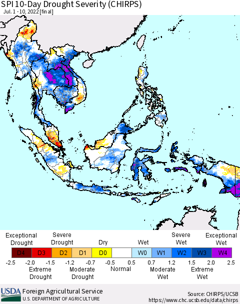 South East Asia SPI 10-Day Drought Severity (CHIRPS) Thematic Map For 7/1/2022 - 7/10/2022