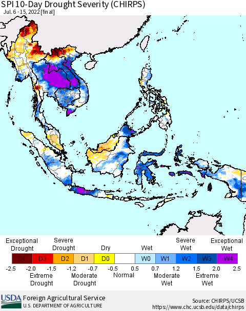 South East Asia SPI 10-Day Drought Severity (CHIRPS) Thematic Map For 7/6/2022 - 7/15/2022