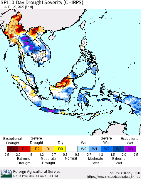 South East Asia SPI 10-Day Drought Severity (CHIRPS) Thematic Map For 7/11/2022 - 7/20/2022