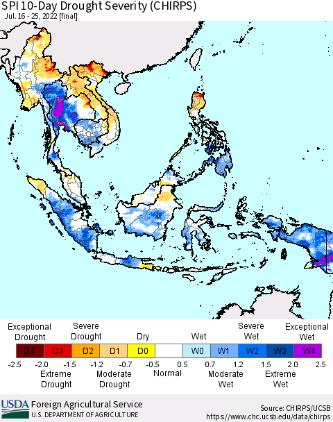 South East Asia SPI 10-Day Drought Severity (CHIRPS) Thematic Map For 7/16/2022 - 7/25/2022