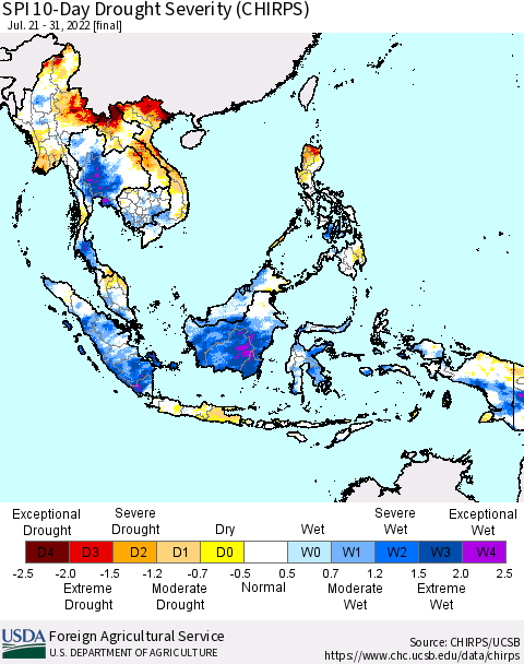 South East Asia SPI 10-Day Drought Severity (CHIRPS) Thematic Map For 7/21/2022 - 7/31/2022