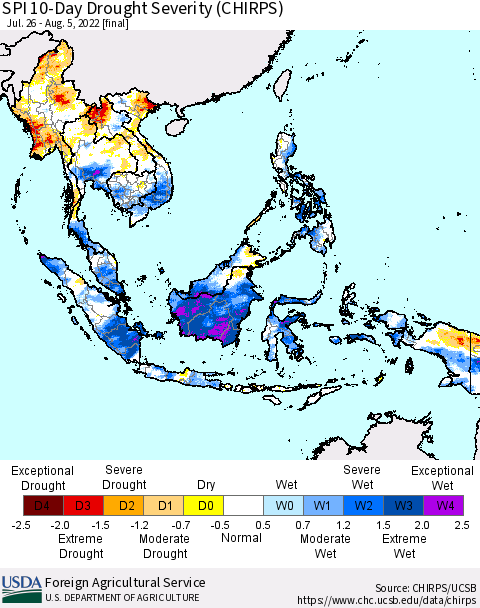 South East Asia SPI 10-Day Drought Severity (CHIRPS) Thematic Map For 7/26/2022 - 8/5/2022