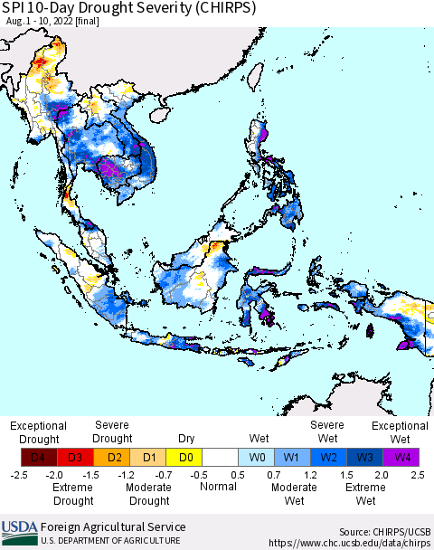 South East Asia SPI 10-Day Drought Severity (CHIRPS) Thematic Map For 8/1/2022 - 8/10/2022
