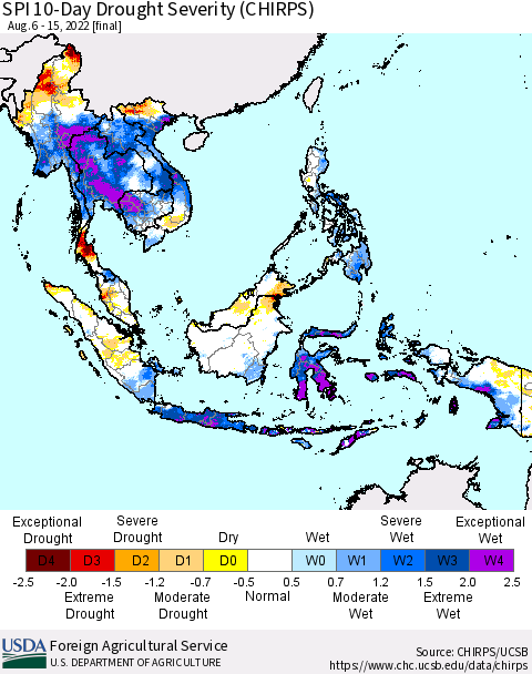 South East Asia SPI 10-Day Drought Severity (CHIRPS) Thematic Map For 8/6/2022 - 8/15/2022
