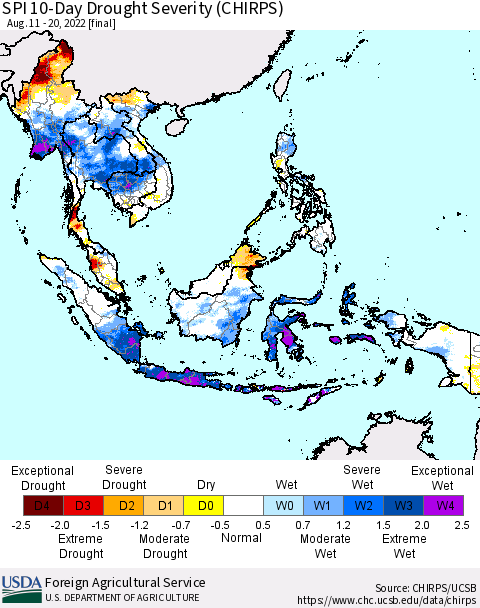 South East Asia SPI 10-Day Drought Severity (CHIRPS) Thematic Map For 8/11/2022 - 8/20/2022