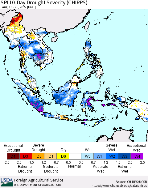 South East Asia SPI 10-Day Drought Severity (CHIRPS) Thematic Map For 8/16/2022 - 8/25/2022