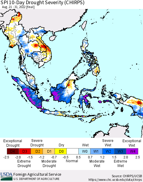 South East Asia SPI 10-Day Drought Severity (CHIRPS) Thematic Map For 8/21/2022 - 8/31/2022
