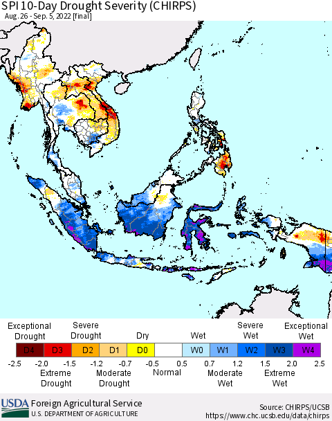 South East Asia SPI 10-Day Drought Severity (CHIRPS) Thematic Map For 8/26/2022 - 9/5/2022