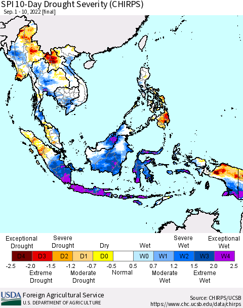 South East Asia SPI 10-Day Drought Severity (CHIRPS) Thematic Map For 9/1/2022 - 9/10/2022