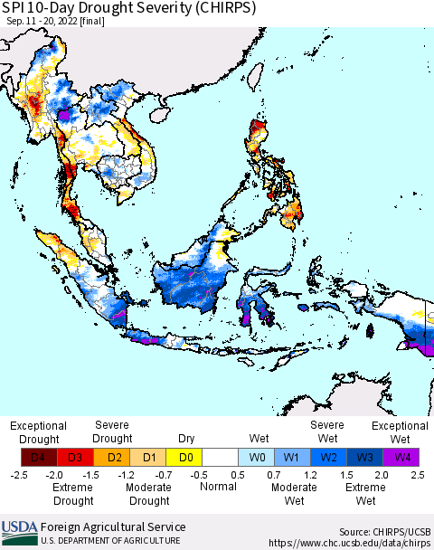 South East Asia SPI 10-Day Drought Severity (CHIRPS) Thematic Map For 9/11/2022 - 9/20/2022