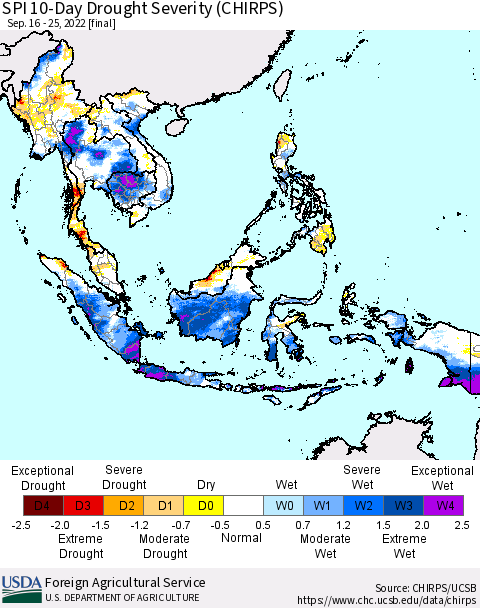 South East Asia SPI 10-Day Drought Severity (CHIRPS) Thematic Map For 9/16/2022 - 9/25/2022