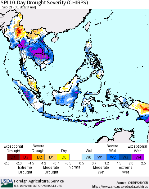 South East Asia SPI 10-Day Drought Severity (CHIRPS) Thematic Map For 9/21/2022 - 9/30/2022