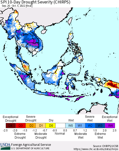 South East Asia SPI 10-Day Drought Severity (CHIRPS) Thematic Map For 9/26/2022 - 10/5/2022