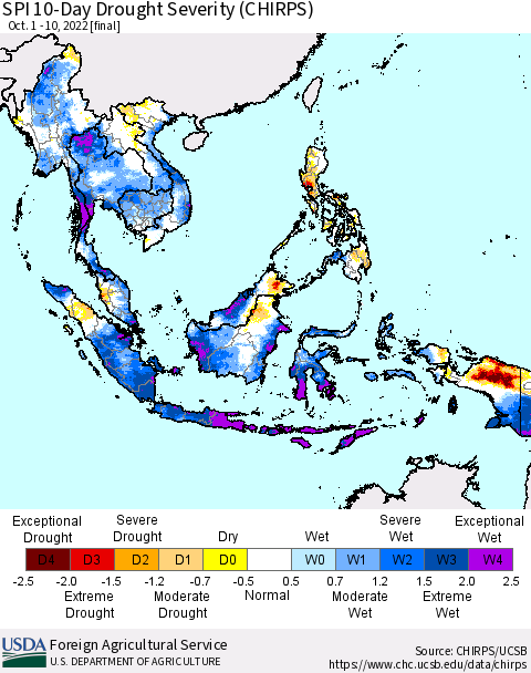 South East Asia SPI 10-Day Drought Severity (CHIRPS) Thematic Map For 10/1/2022 - 10/10/2022