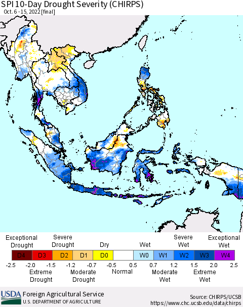 South East Asia SPI 10-Day Drought Severity (CHIRPS) Thematic Map For 10/6/2022 - 10/15/2022