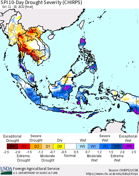 South East Asia SPI 10-Day Drought Severity (CHIRPS) Thematic Map For 10/11/2022 - 10/20/2022