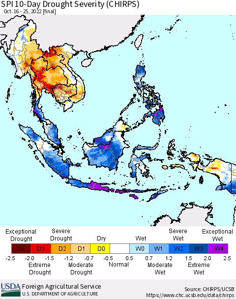 South East Asia SPI 10-Day Drought Severity (CHIRPS) Thematic Map For 10/16/2022 - 10/25/2022