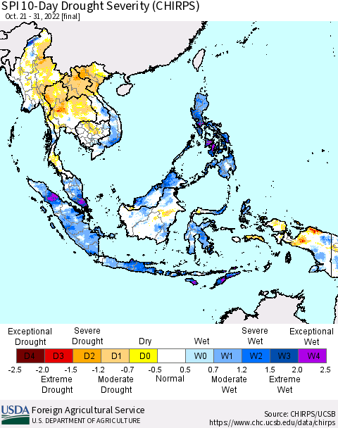 South East Asia SPI 10-Day Drought Severity (CHIRPS) Thematic Map For 10/21/2022 - 10/31/2022