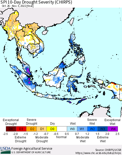 South East Asia SPI 10-Day Drought Severity (CHIRPS) Thematic Map For 10/26/2022 - 11/5/2022