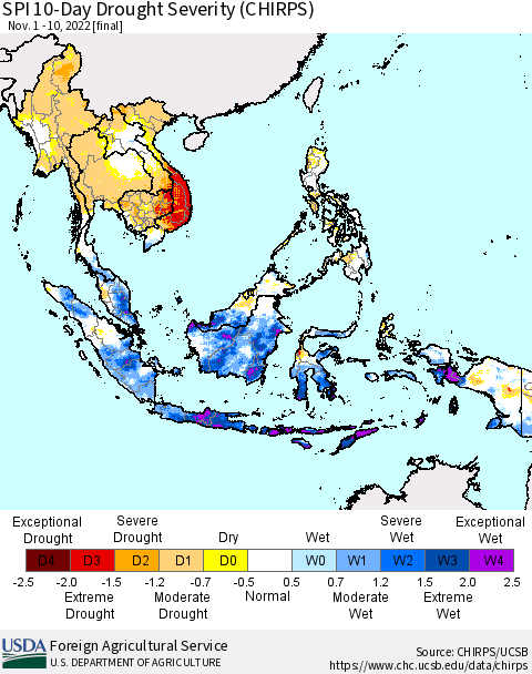 South East Asia SPI 10-Day Drought Severity (CHIRPS) Thematic Map For 11/1/2022 - 11/10/2022