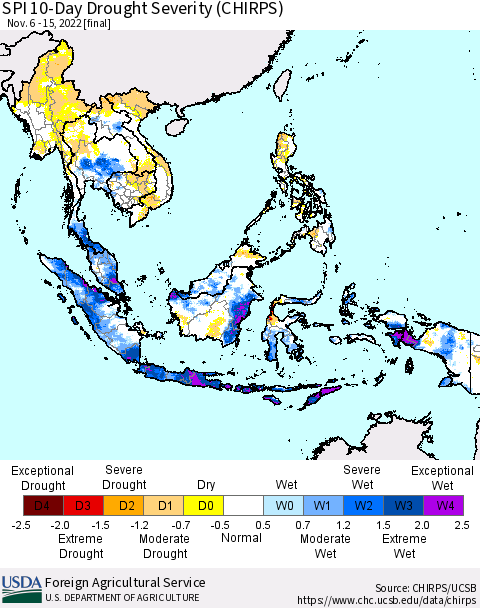 South East Asia SPI 10-Day Drought Severity (CHIRPS) Thematic Map For 11/6/2022 - 11/15/2022