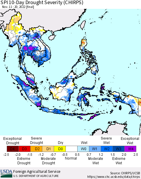 South East Asia SPI 10-Day Drought Severity (CHIRPS) Thematic Map For 11/11/2022 - 11/20/2022