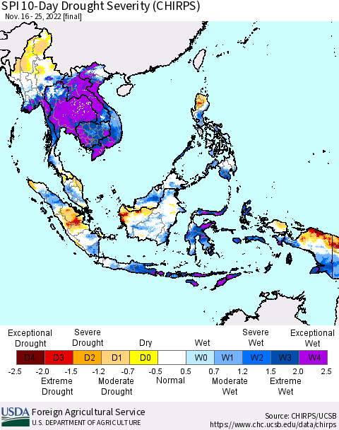 South East Asia SPI 10-Day Drought Severity (CHIRPS) Thematic Map For 11/16/2022 - 11/25/2022