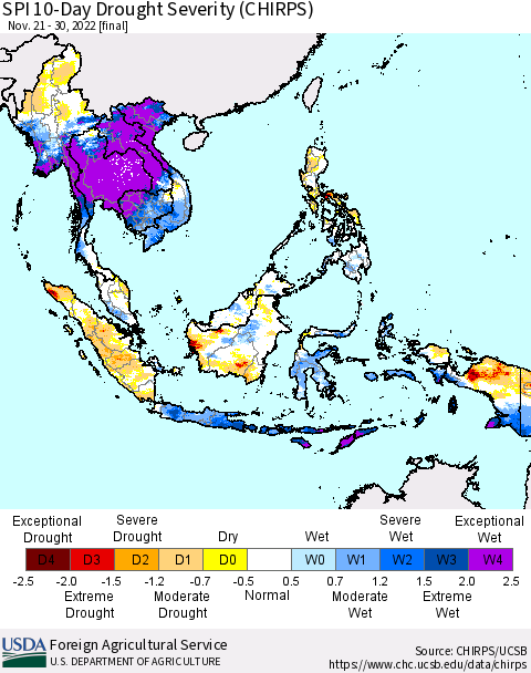 South East Asia SPI 10-Day Drought Severity (CHIRPS) Thematic Map For 11/21/2022 - 11/30/2022