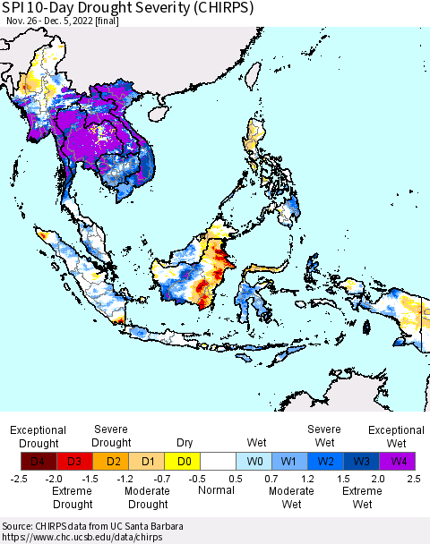 South East Asia SPI 10-Day Drought Severity (CHIRPS) Thematic Map For 11/26/2022 - 12/5/2022