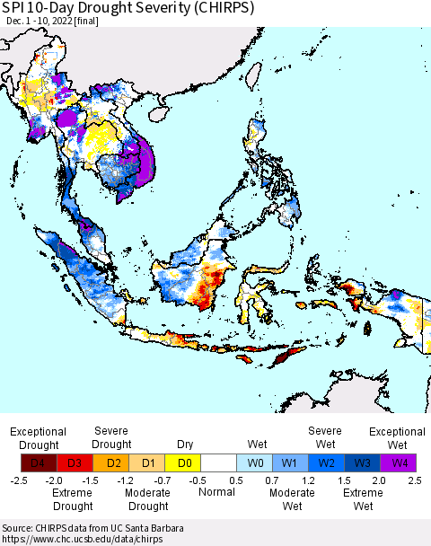 South East Asia SPI 10-Day Drought Severity (CHIRPS) Thematic Map For 12/1/2022 - 12/10/2022