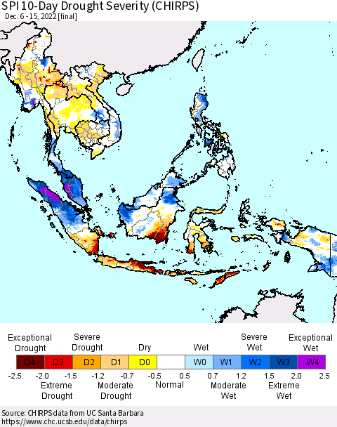 South East Asia SPI 10-Day Drought Severity (CHIRPS) Thematic Map For 12/6/2022 - 12/15/2022