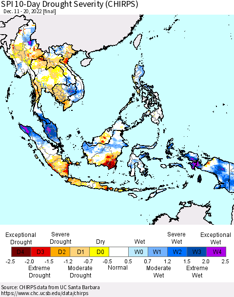 South East Asia SPI 10-Day Drought Severity (CHIRPS) Thematic Map For 12/11/2022 - 12/20/2022