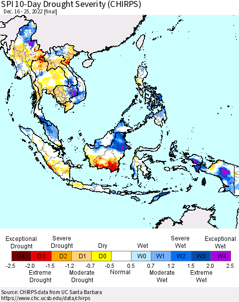 South East Asia SPI 10-Day Drought Severity (CHIRPS) Thematic Map For 12/16/2022 - 12/25/2022