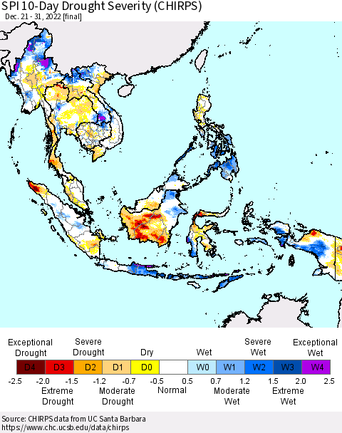 South East Asia SPI 10-Day Drought Severity (CHIRPS) Thematic Map For 12/21/2022 - 12/31/2022