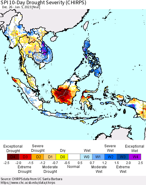South East Asia SPI 10-Day Drought Severity (CHIRPS) Thematic Map For 12/26/2022 - 1/5/2023