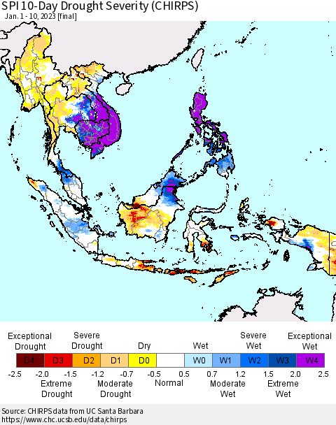 South East Asia SPI 10-Day Drought Severity (CHIRPS) Thematic Map For 1/1/2023 - 1/10/2023