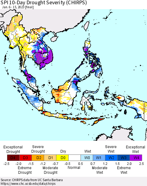 South East Asia SPI 10-Day Drought Severity (CHIRPS) Thematic Map For 1/6/2023 - 1/15/2023