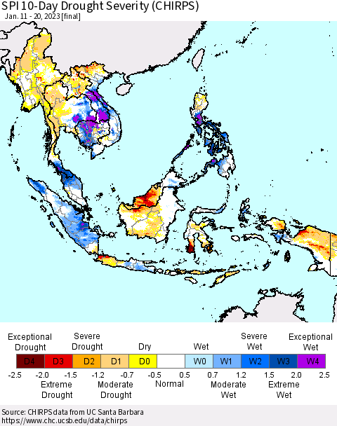 South East Asia SPI 10-Day Drought Severity (CHIRPS) Thematic Map For 1/11/2023 - 1/20/2023