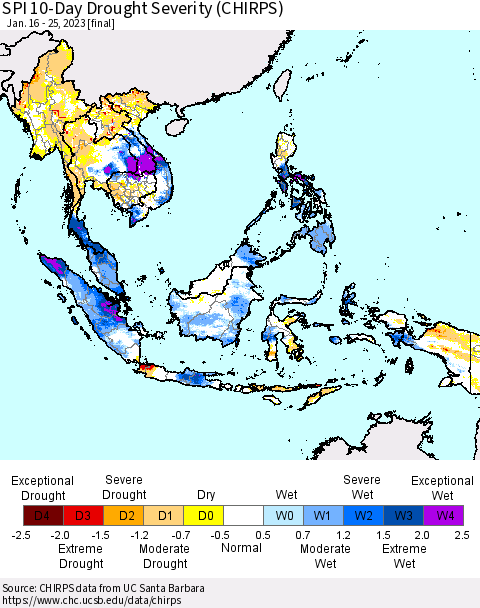 South East Asia SPI 10-Day Drought Severity (CHIRPS) Thematic Map For 1/16/2023 - 1/25/2023