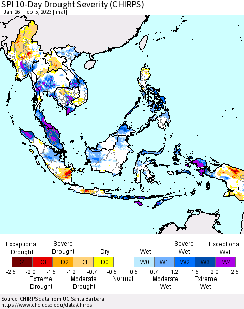 South East Asia SPI 10-Day Drought Severity (CHIRPS) Thematic Map For 1/26/2023 - 2/5/2023