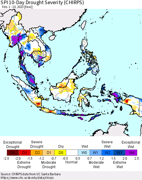 South East Asia SPI 10-Day Drought Severity (CHIRPS) Thematic Map For 2/1/2023 - 2/10/2023