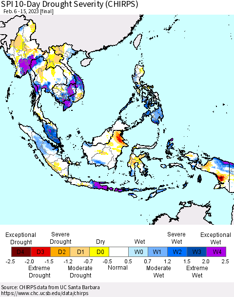 South East Asia SPI 10-Day Drought Severity (CHIRPS) Thematic Map For 2/6/2023 - 2/15/2023