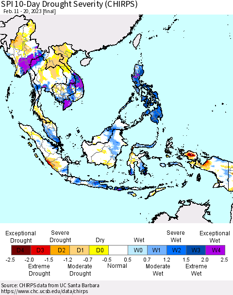 South East Asia SPI 10-Day Drought Severity (CHIRPS) Thematic Map For 2/11/2023 - 2/20/2023