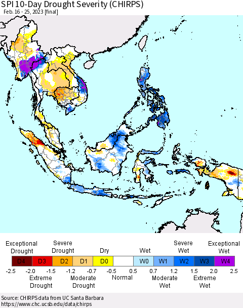 South East Asia SPI 10-Day Drought Severity (CHIRPS) Thematic Map For 2/16/2023 - 2/25/2023