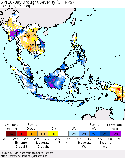 South East Asia SPI 10-Day Drought Severity (CHIRPS) Thematic Map For 2/21/2023 - 2/28/2023