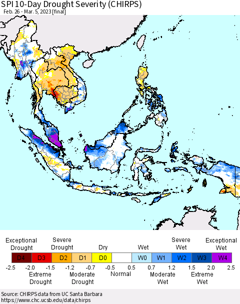 South East Asia SPI 10-Day Drought Severity (CHIRPS) Thematic Map For 2/26/2023 - 3/5/2023