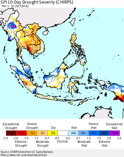 South East Asia SPI 10-Day Drought Severity (CHIRPS) Thematic Map For 3/1/2023 - 3/10/2023