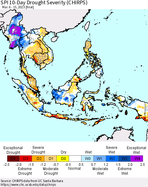 South East Asia SPI 10-Day Drought Severity (CHIRPS) Thematic Map For 3/6/2023 - 3/15/2023