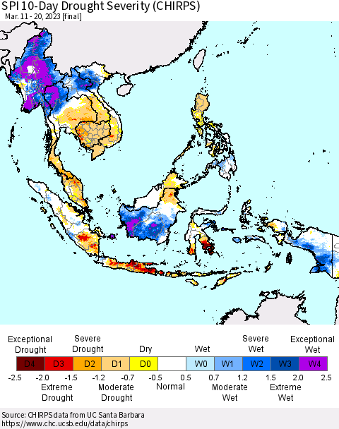 South East Asia SPI 10-Day Drought Severity (CHIRPS) Thematic Map For 3/11/2023 - 3/20/2023