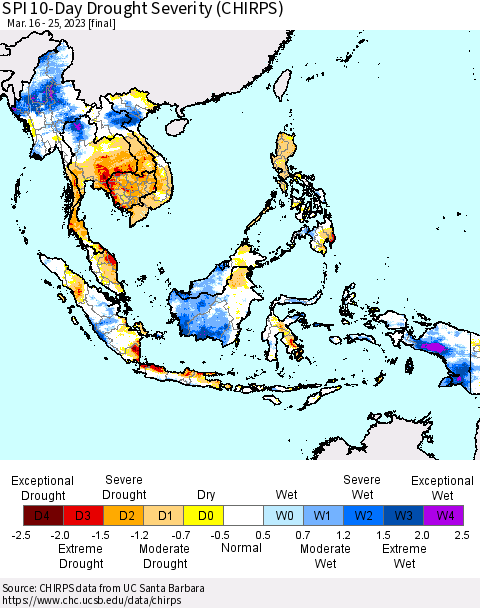 South East Asia SPI 10-Day Drought Severity (CHIRPS) Thematic Map For 3/16/2023 - 3/25/2023